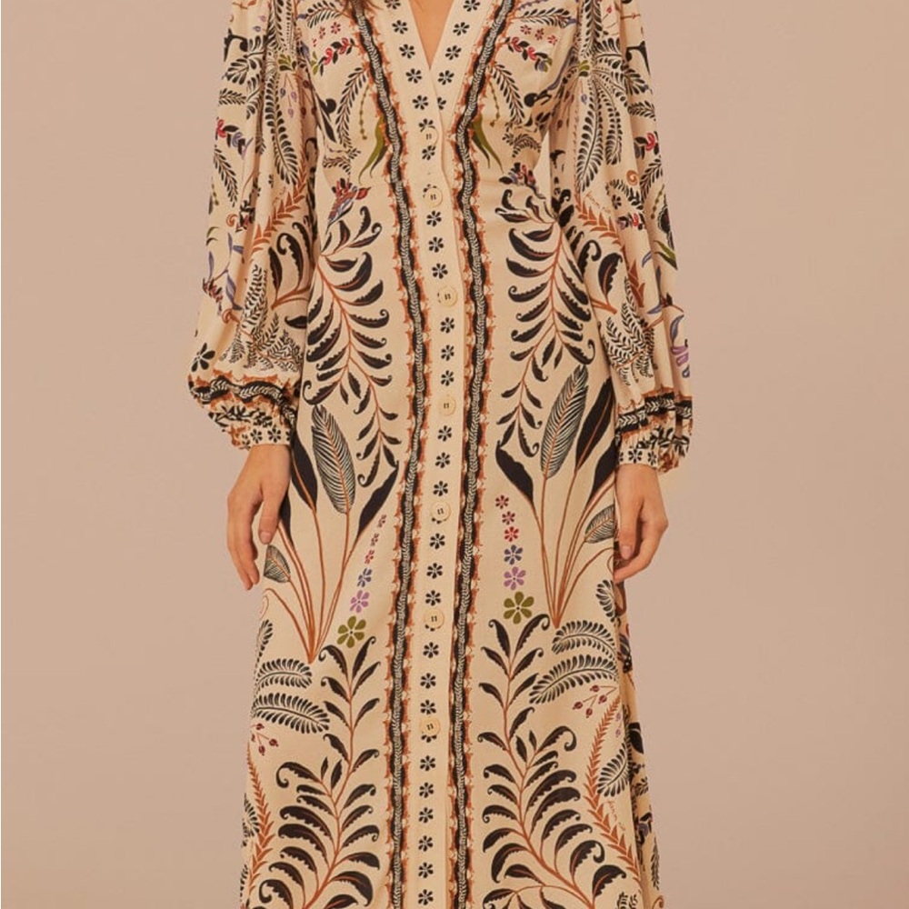 FARM Rio Cream and Black Long Sleeve Gown with Plunge Neckline